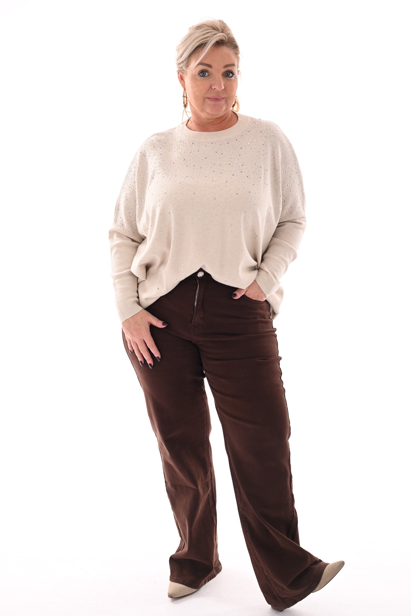 Trui met strassmix beige