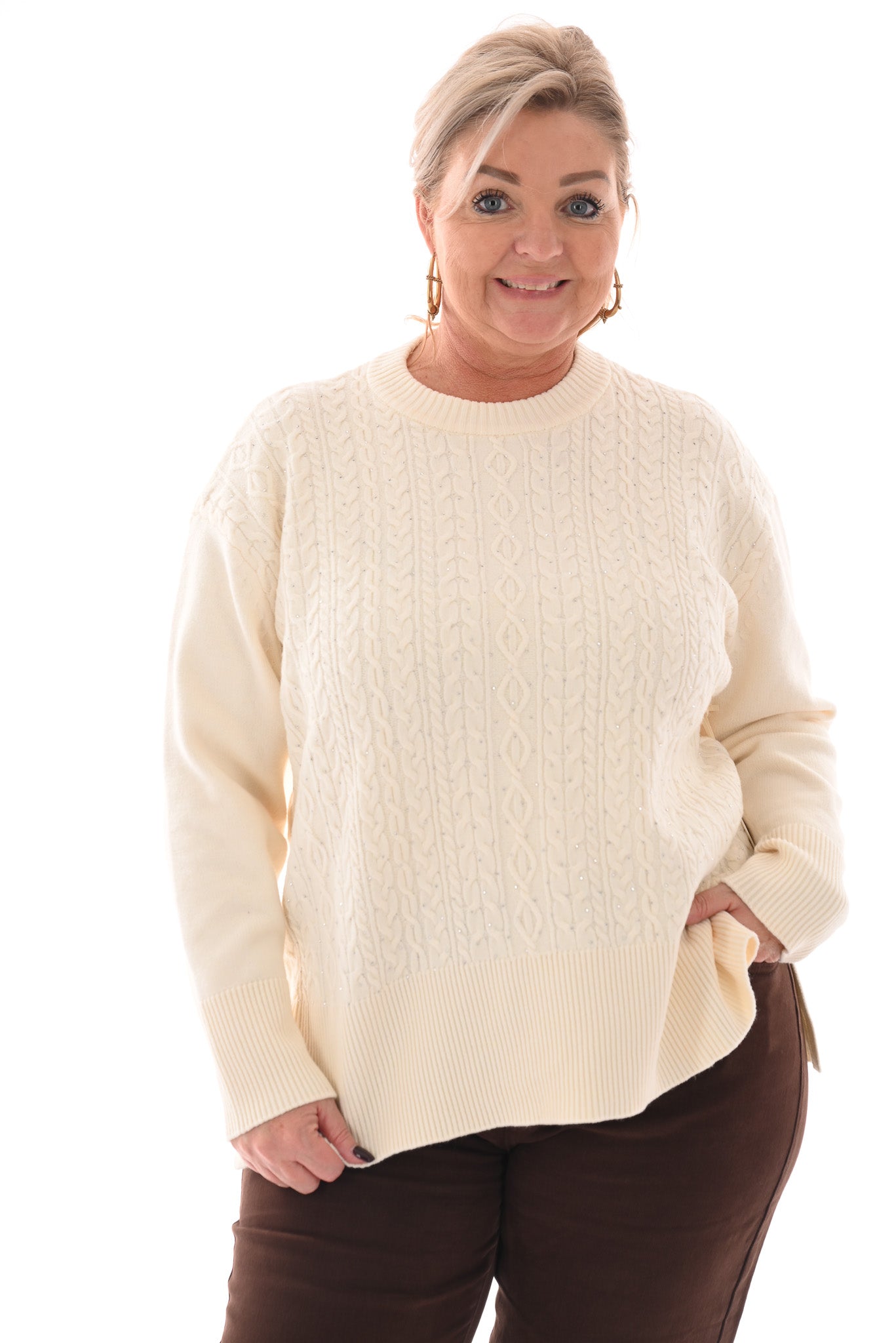 Trui kabels strass creme