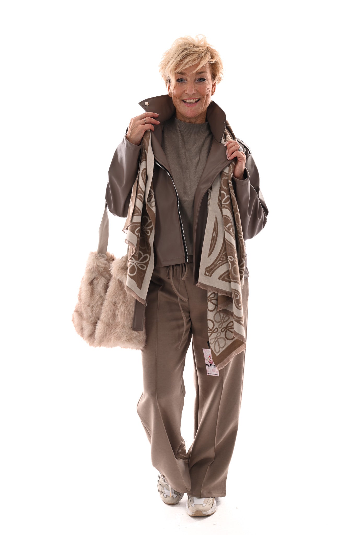 Leren biker jack met rits beige