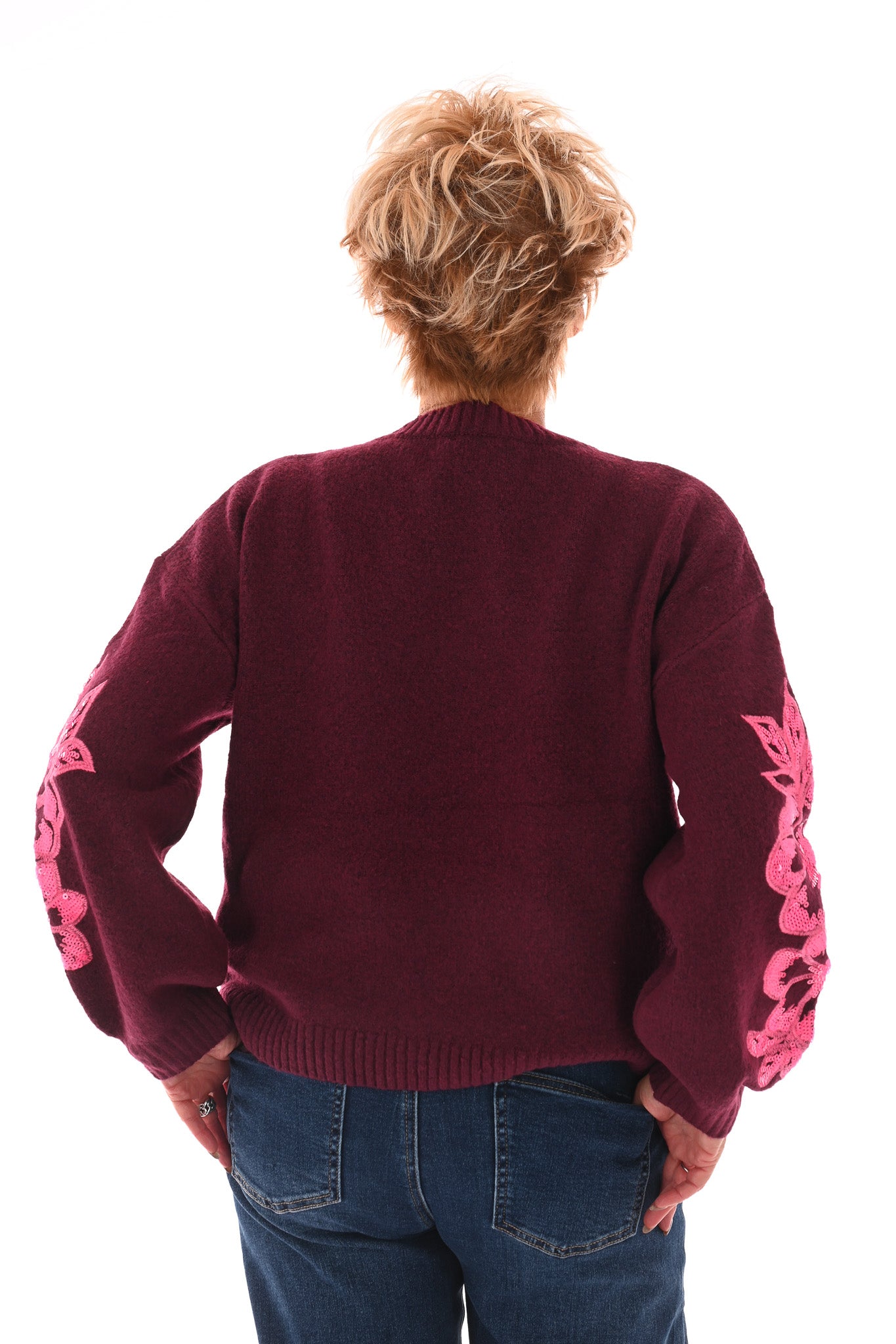 Fijn gebreide trui bloemen pailletten bordeaux