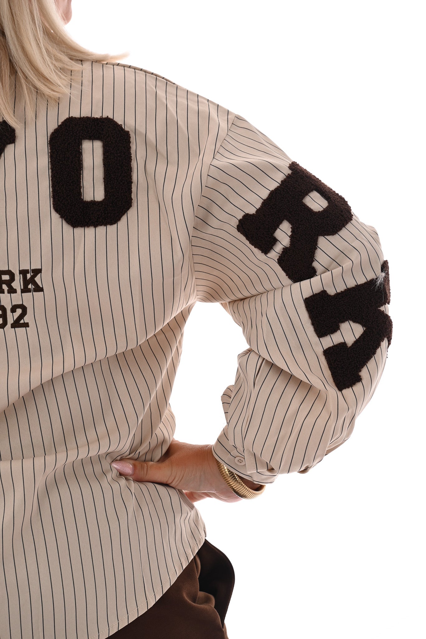 Blouse NY met teddy letters gestreept beige