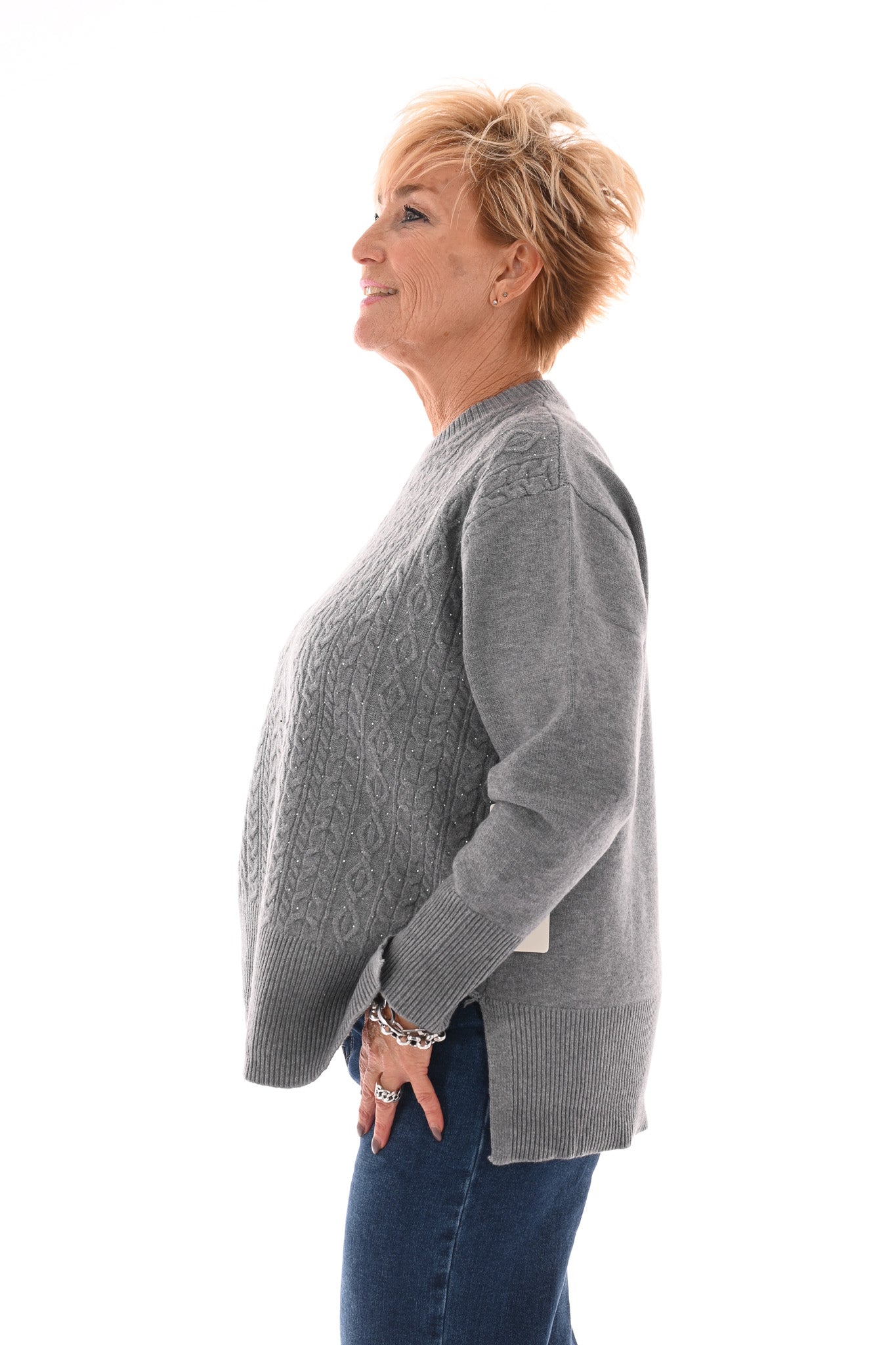 Trui kabels strass grijs