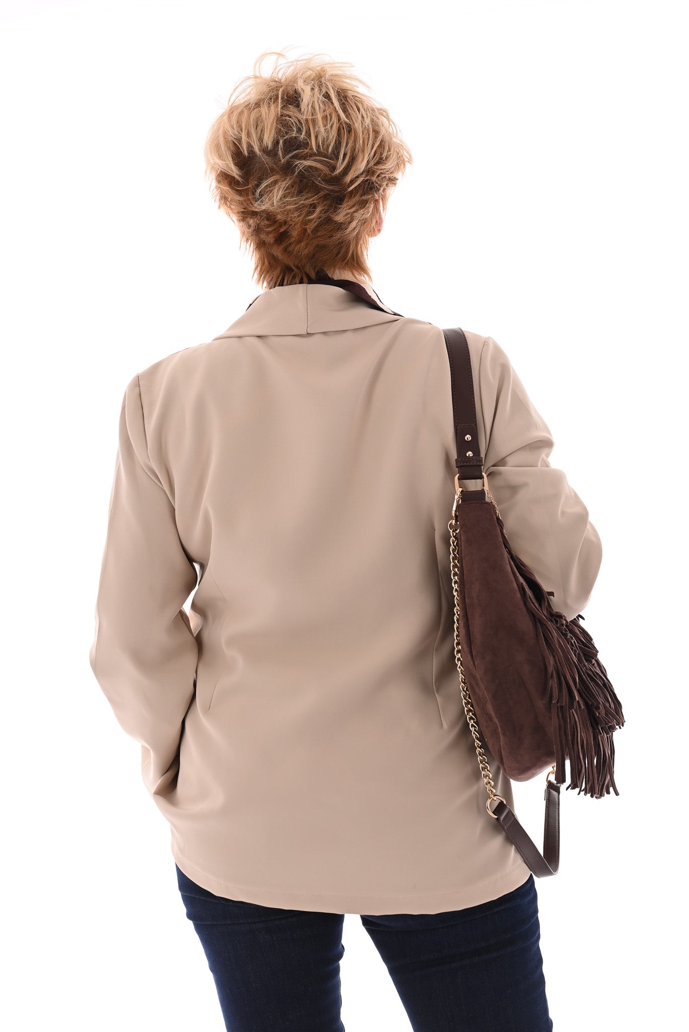 Blazer met ceintuur en gouden gesp beige