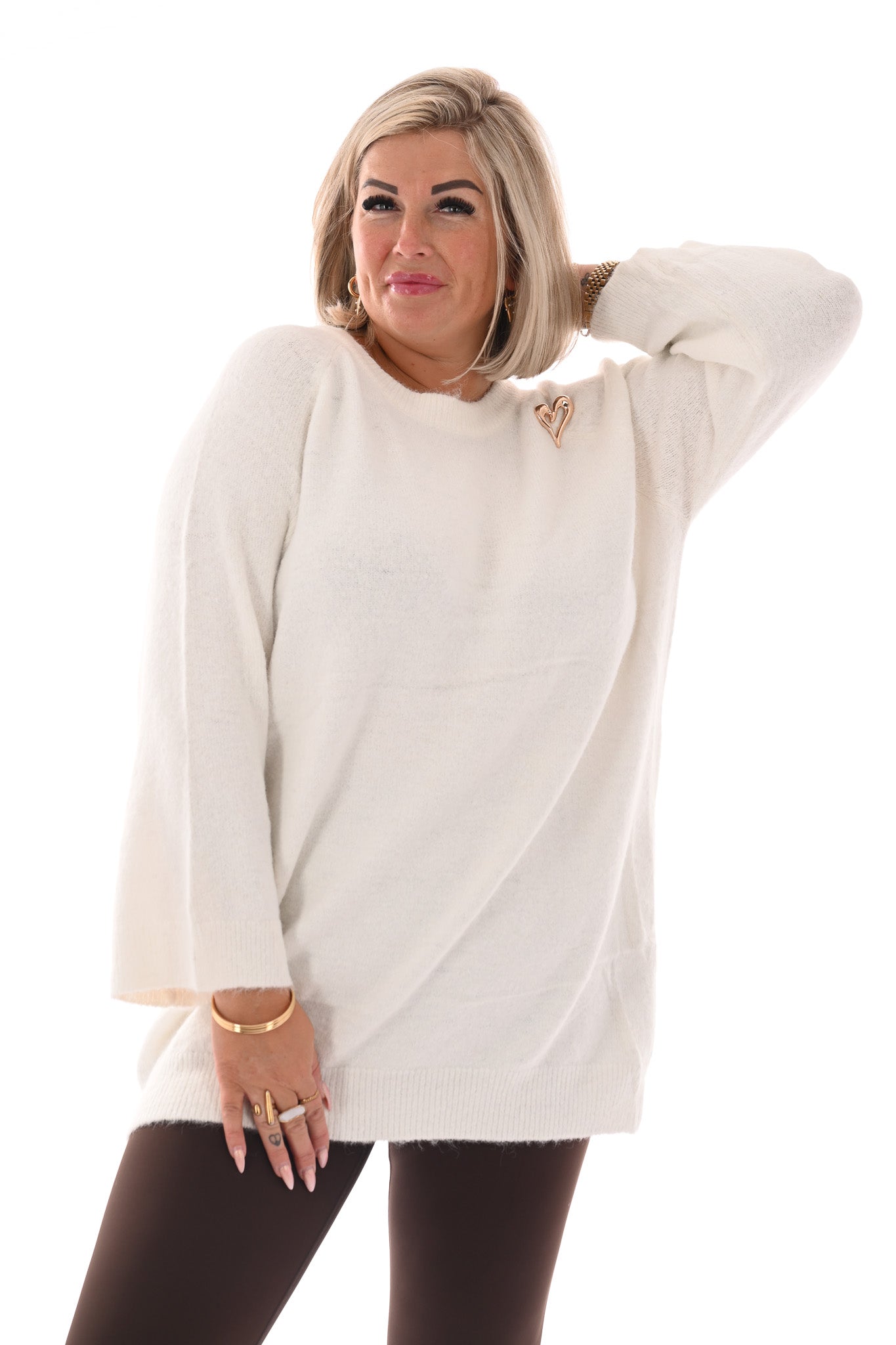 fijn gebreide trui met ronde hals roomwit