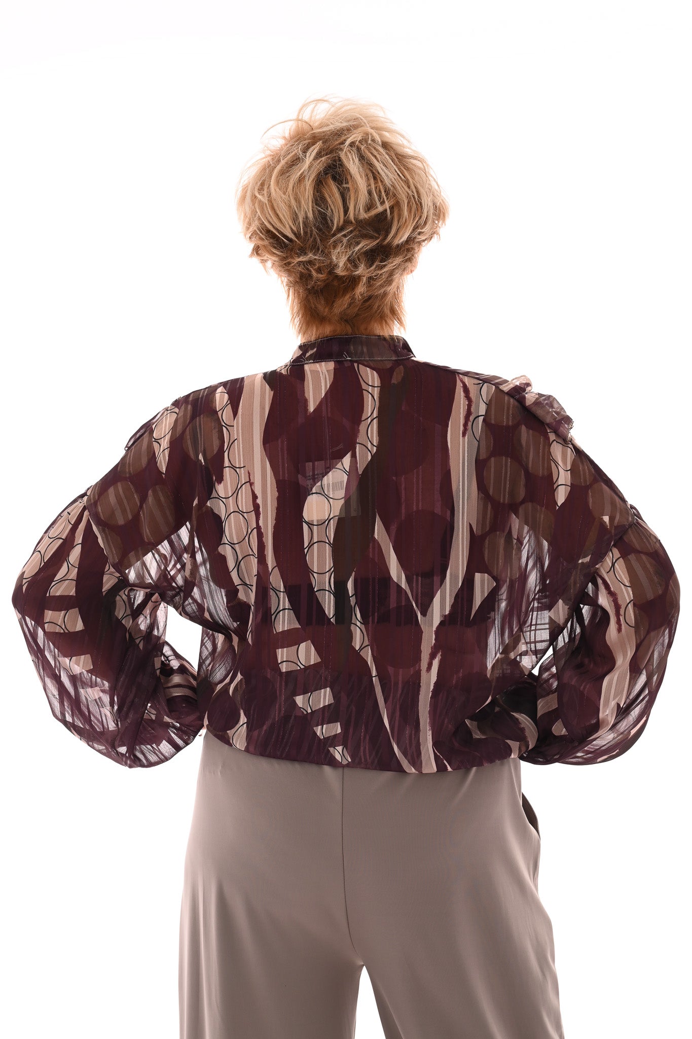 Blouse cirkels met ruffles aubergine/beige