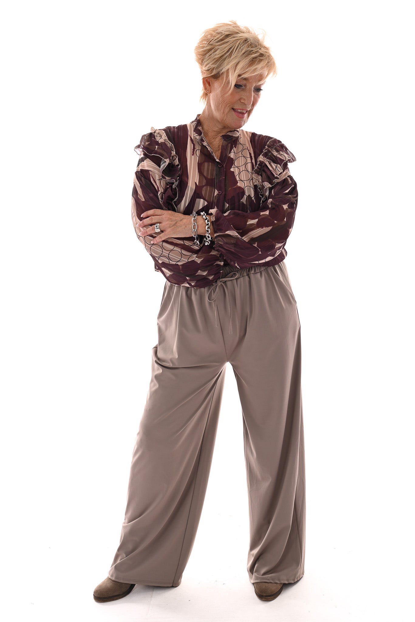 Wijde travel broek met aantrekkoord taupe