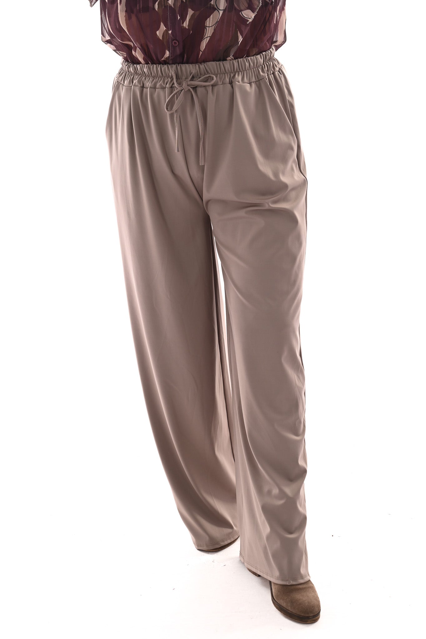 Wijde travel broek met aantrekkoord taupe