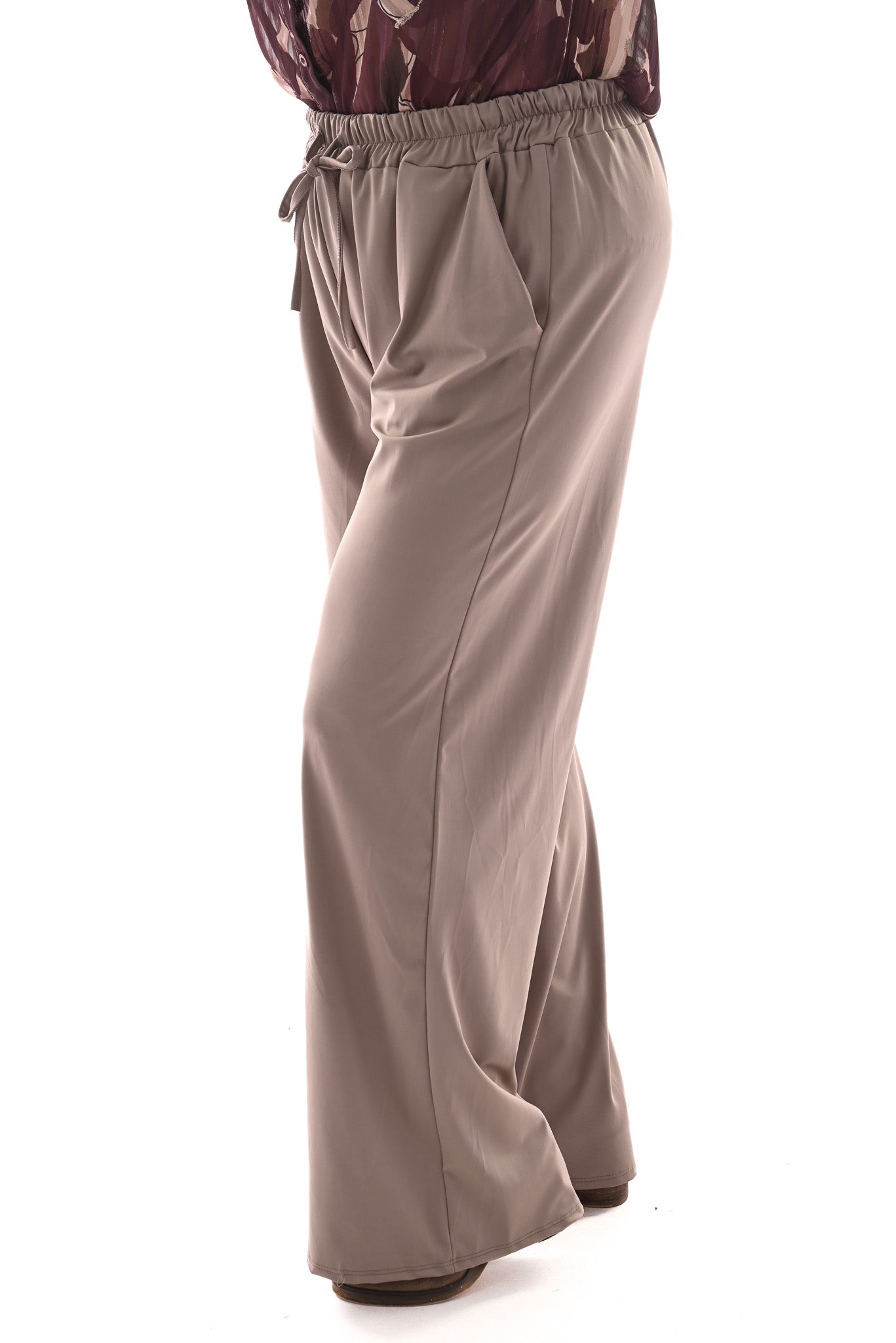 Wijde travel broek met aantrekkoord taupe