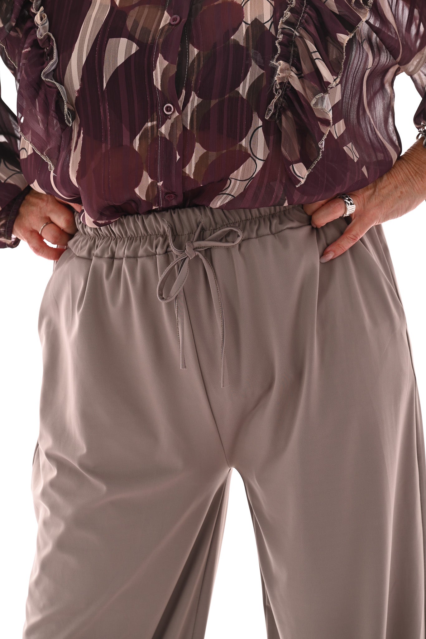Wijde travel broek met aantrekkoord taupe