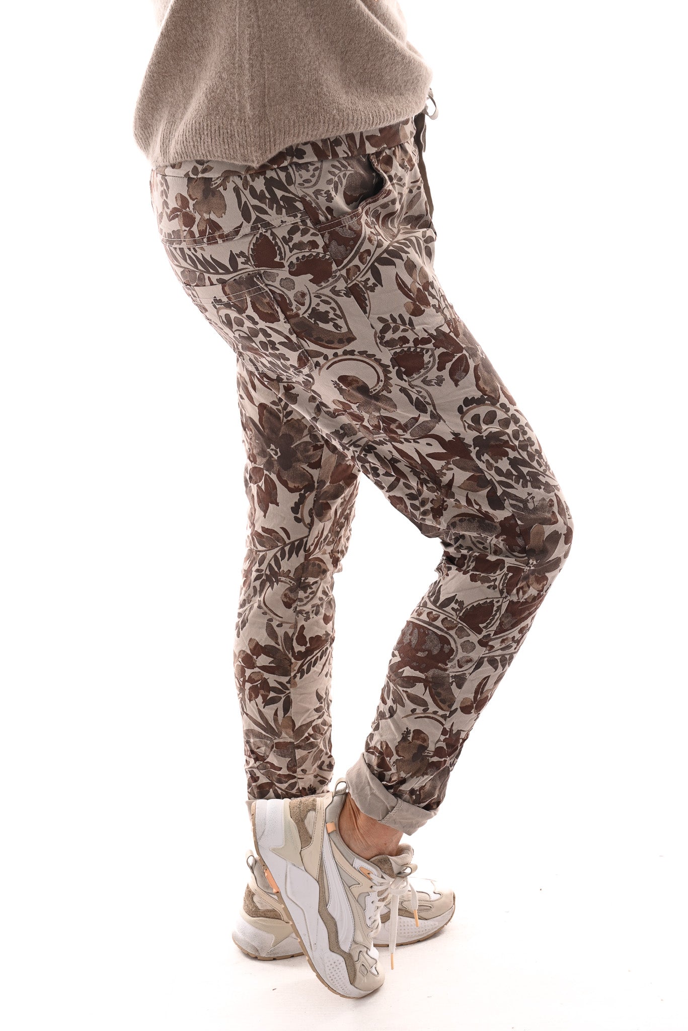 Stretchbroek bloemenprint beige
