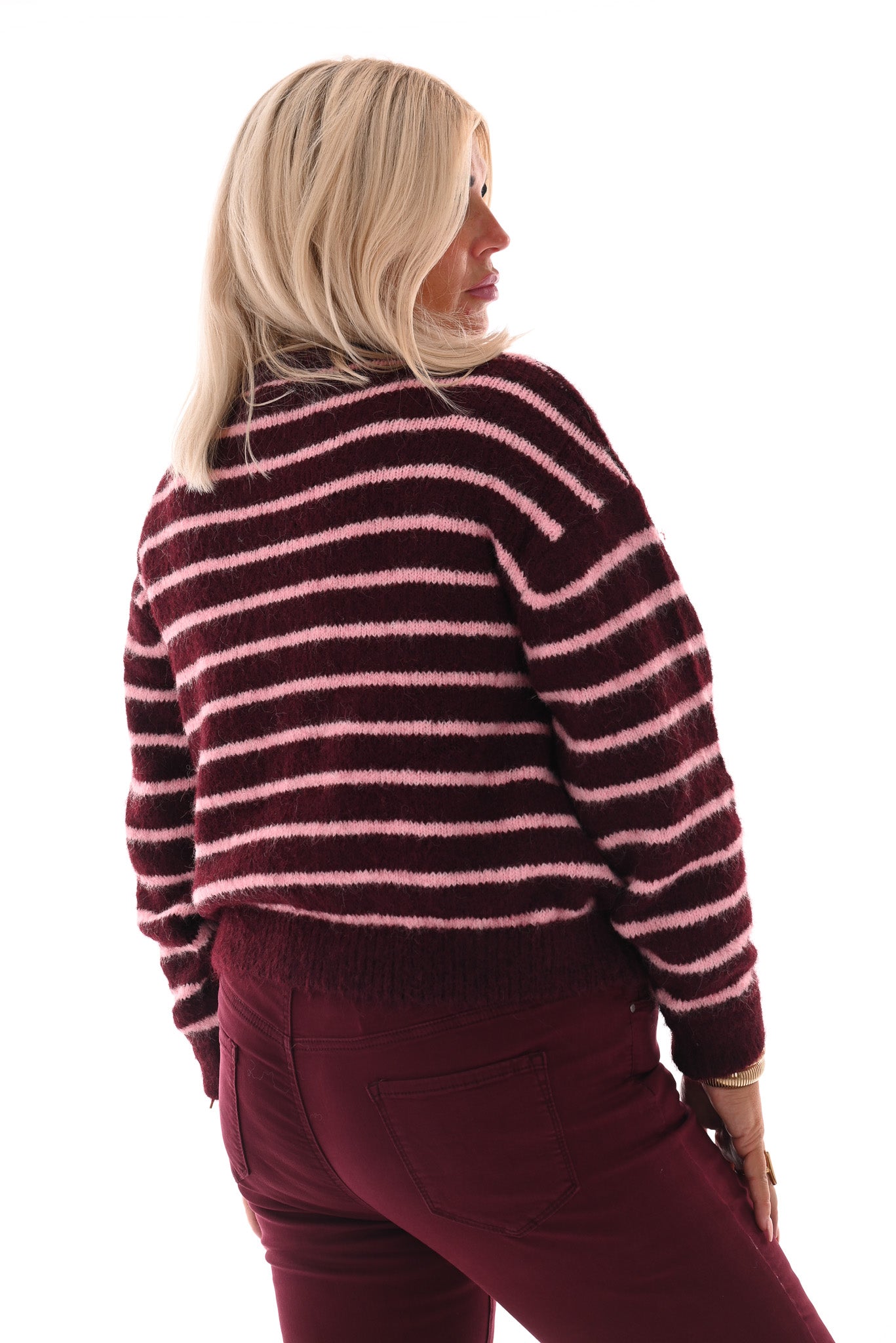 Fijn gebreid vest strepen bordeaux/roze