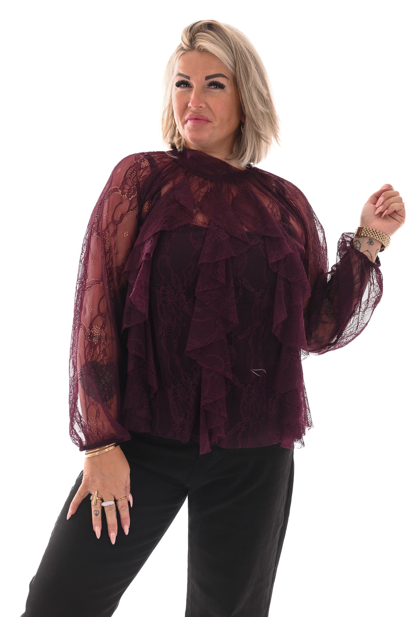 Kanten top roezels met strik achterkant aubergine