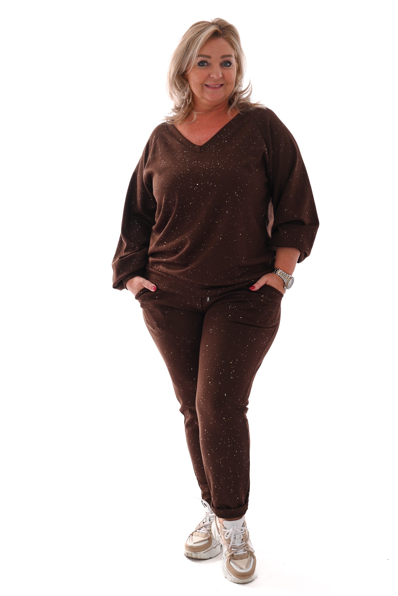 Tweedelig joggingset gouden glitter donkerbruin