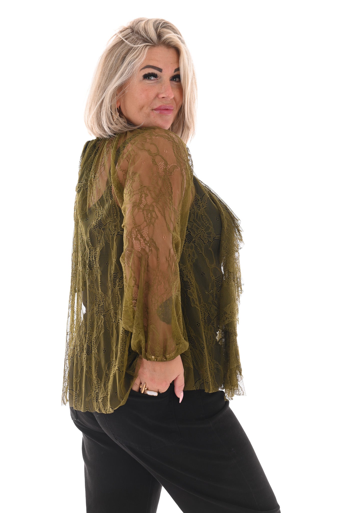 Kanten top roezels met strik achterkant groen