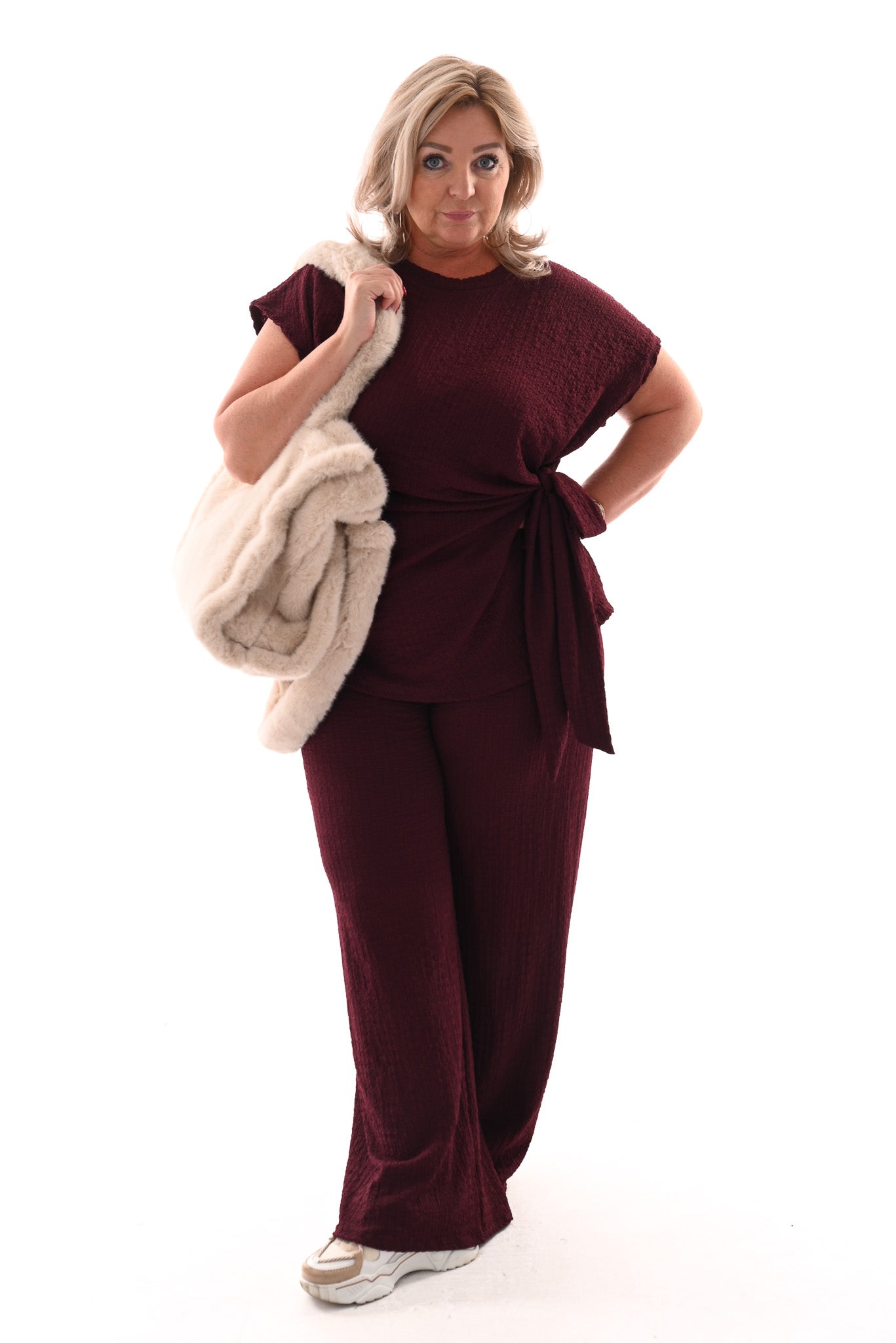 Tweedelig set crepe met knoop bordeaux