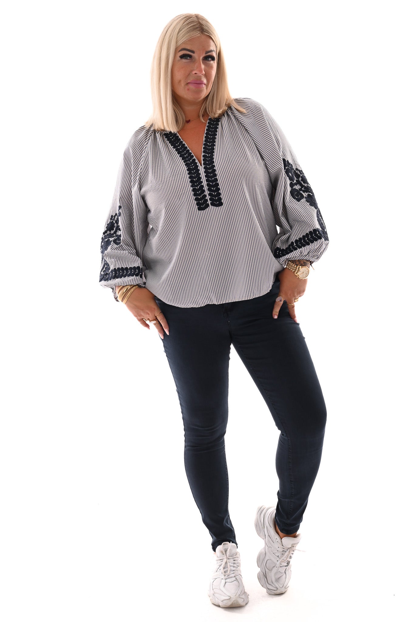 Blouse v-hals strepen met pofmouwen blauw