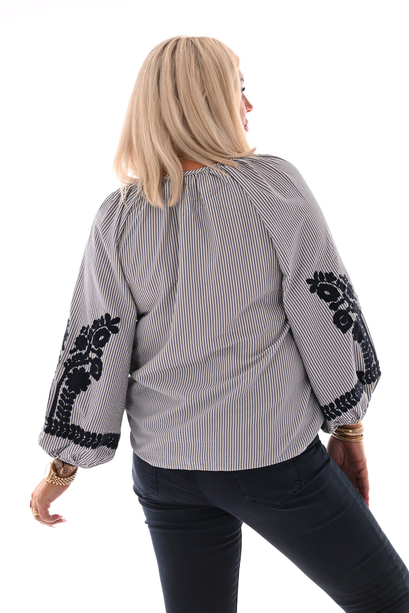 Blouse v-hals strepen met pofmouwen blauw