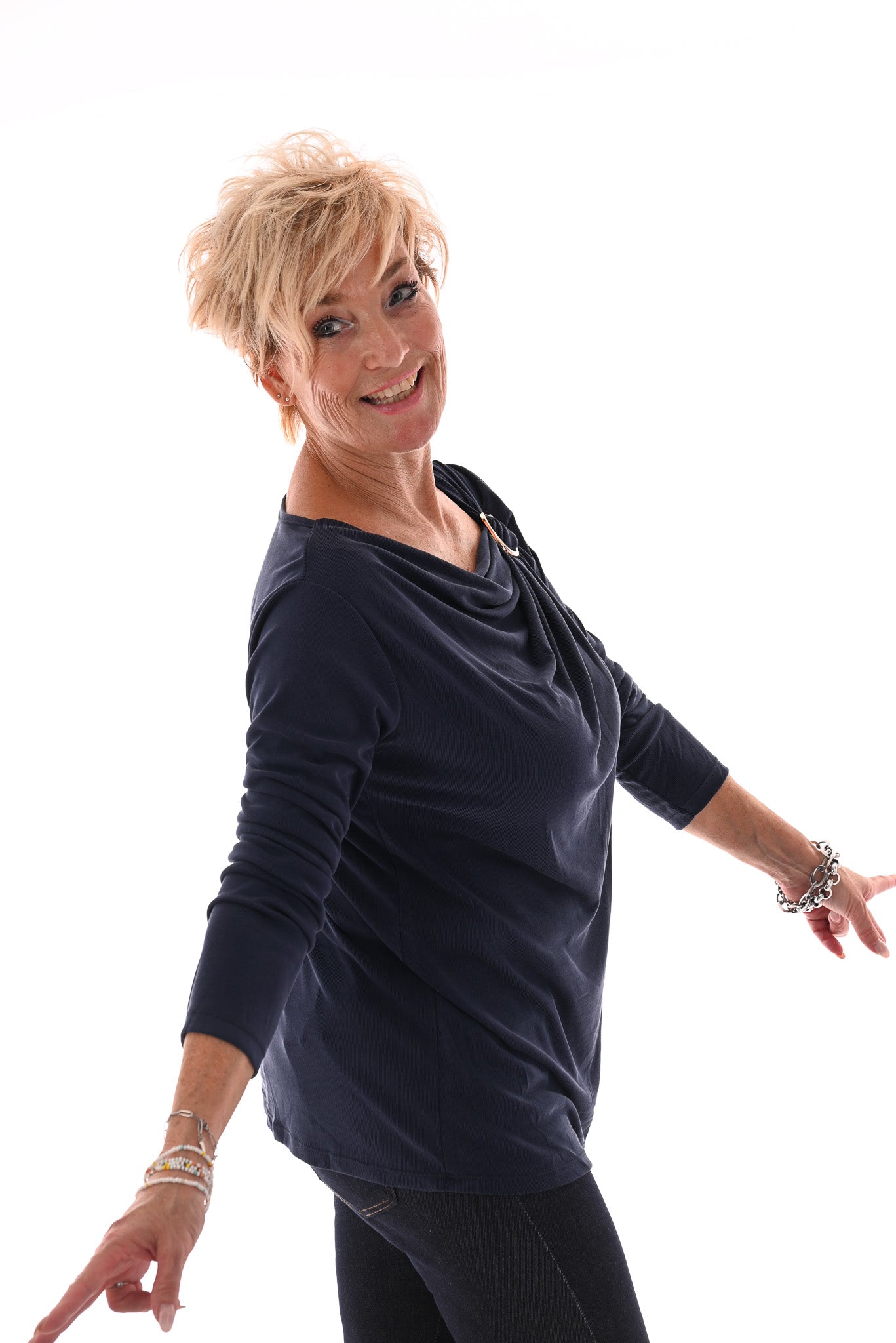 Top rib lange mouwen ring detail marineblauw