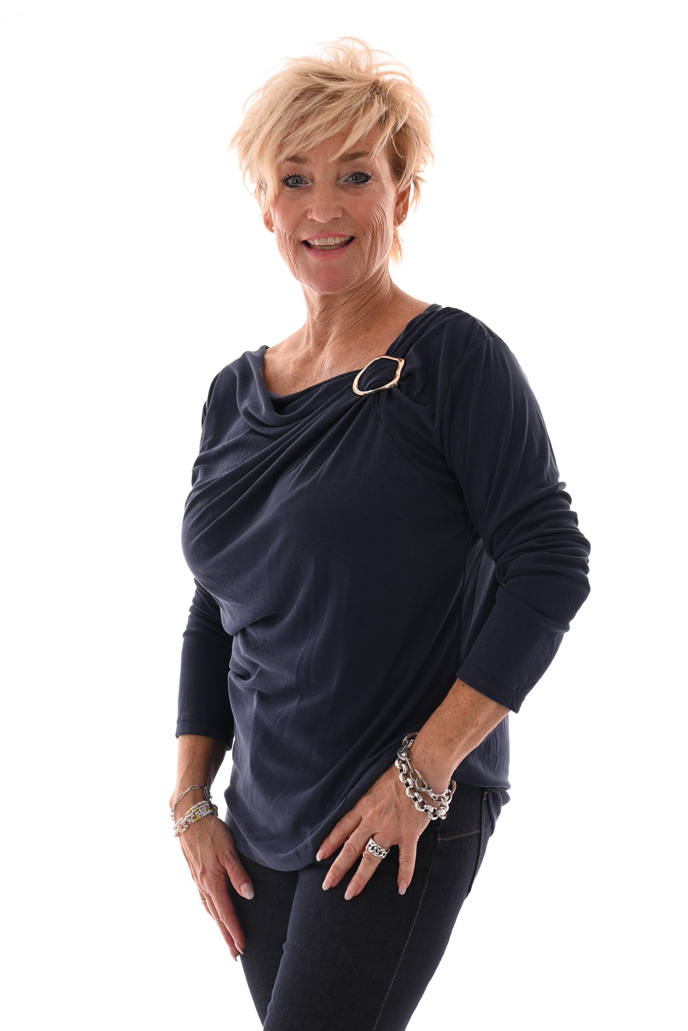 Top rib lange mouwen ring detail marineblauw