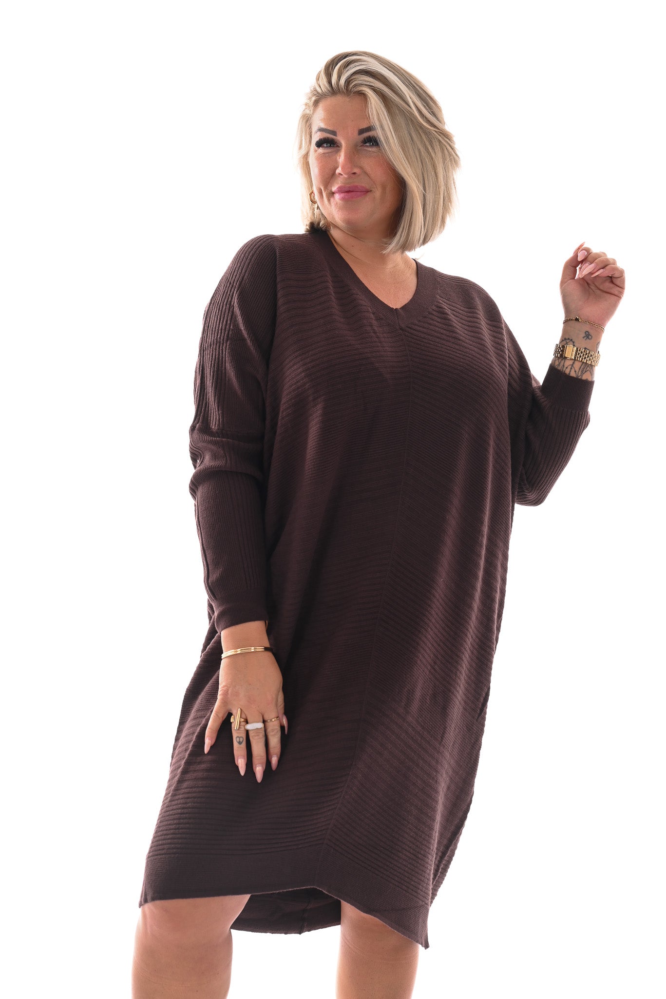 Jurk lijnen v-hals donkerbruin