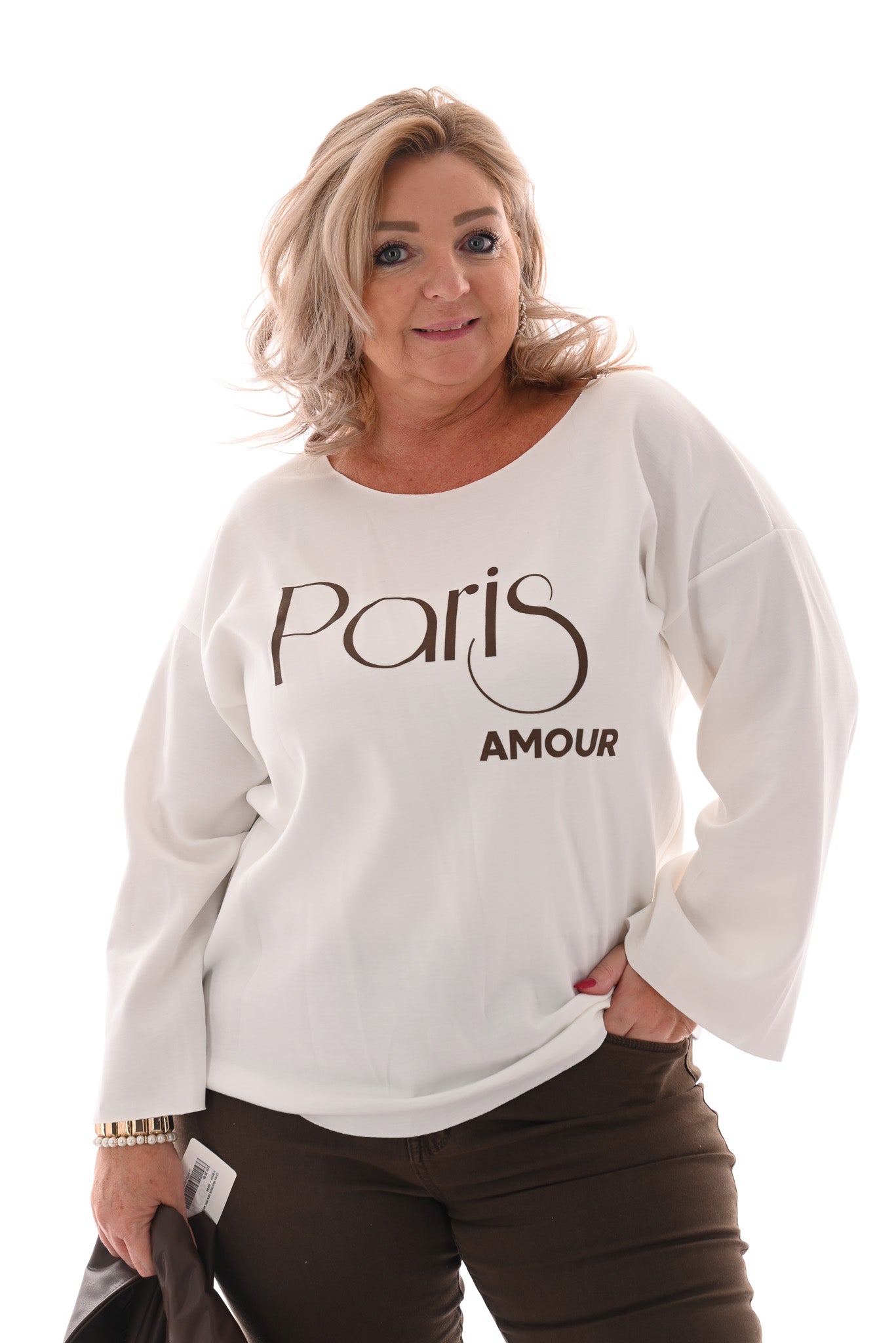 Top lange mouwen paris amour roomwit