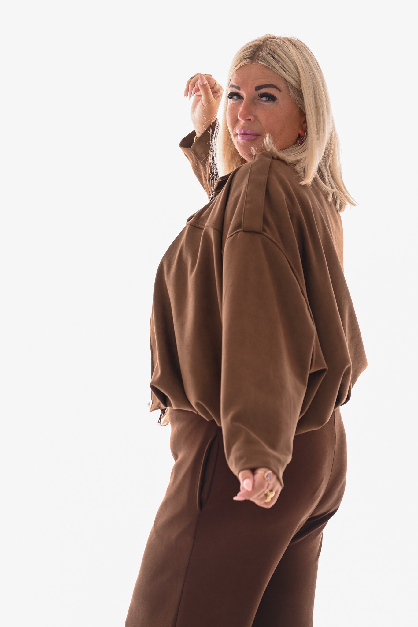 Suedelook bomber jack met streep bruin