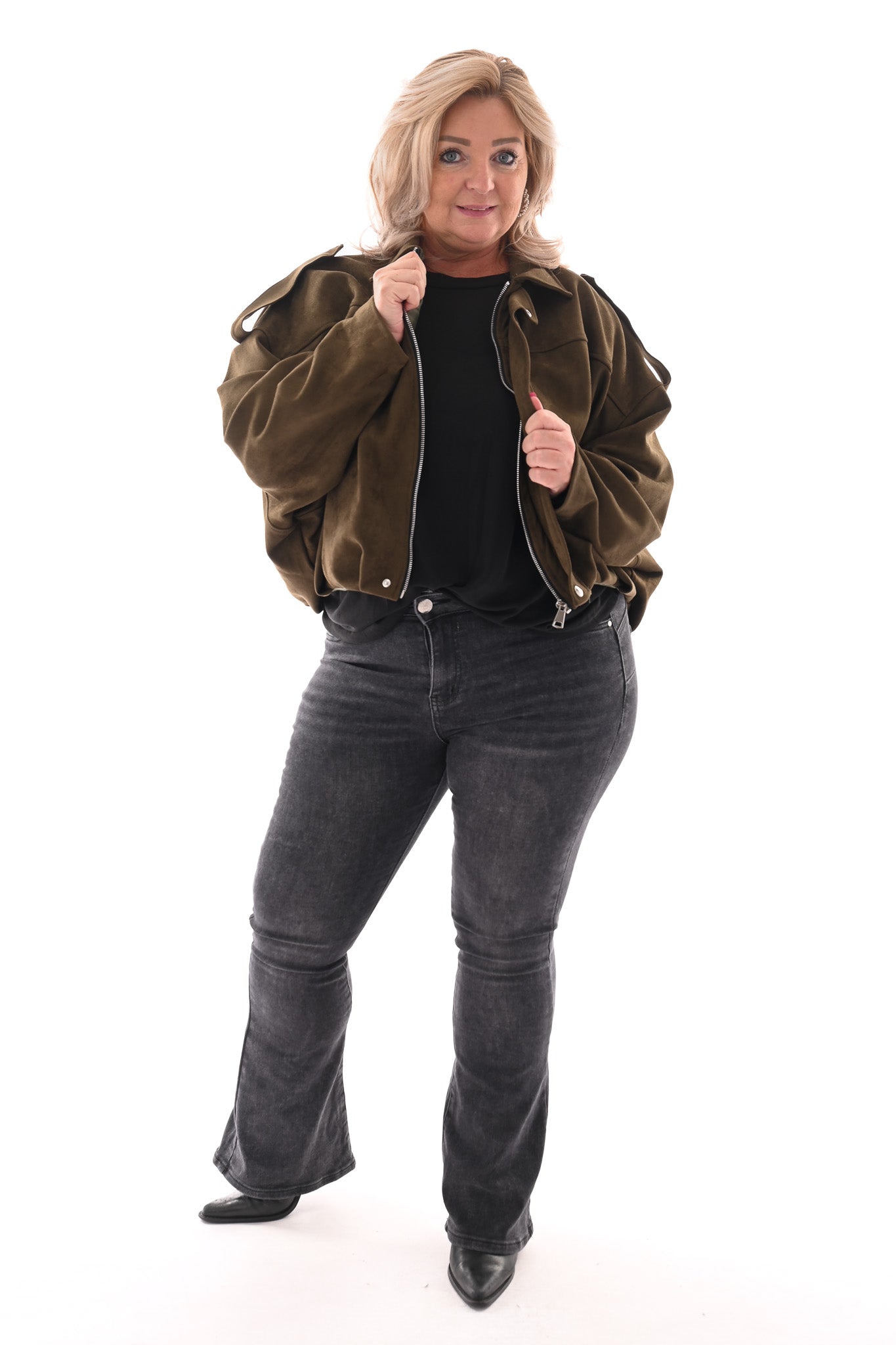 Suedelook bomber jack met streep olijfgroen