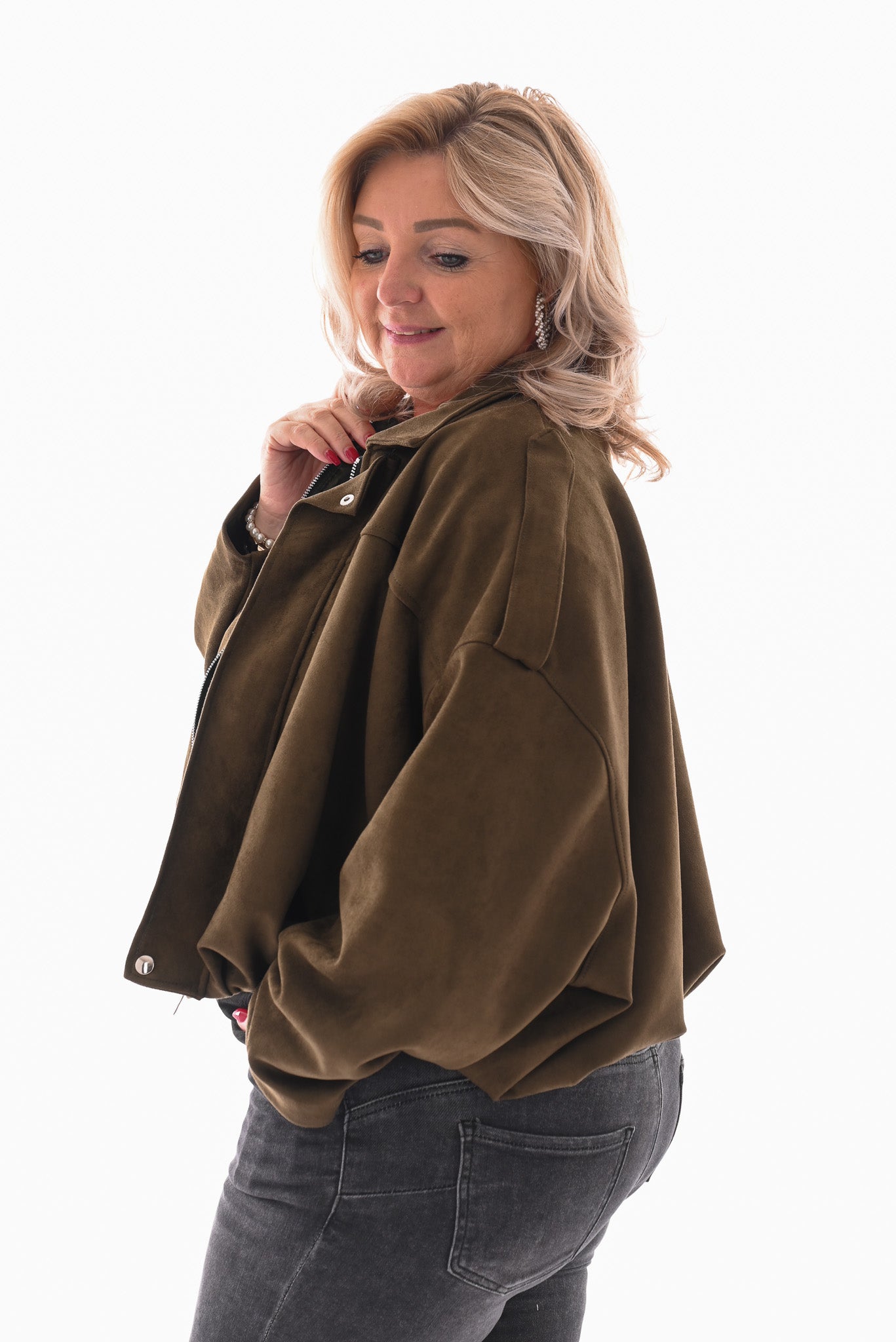 Suedelook bomber jack met streep olijfgroen