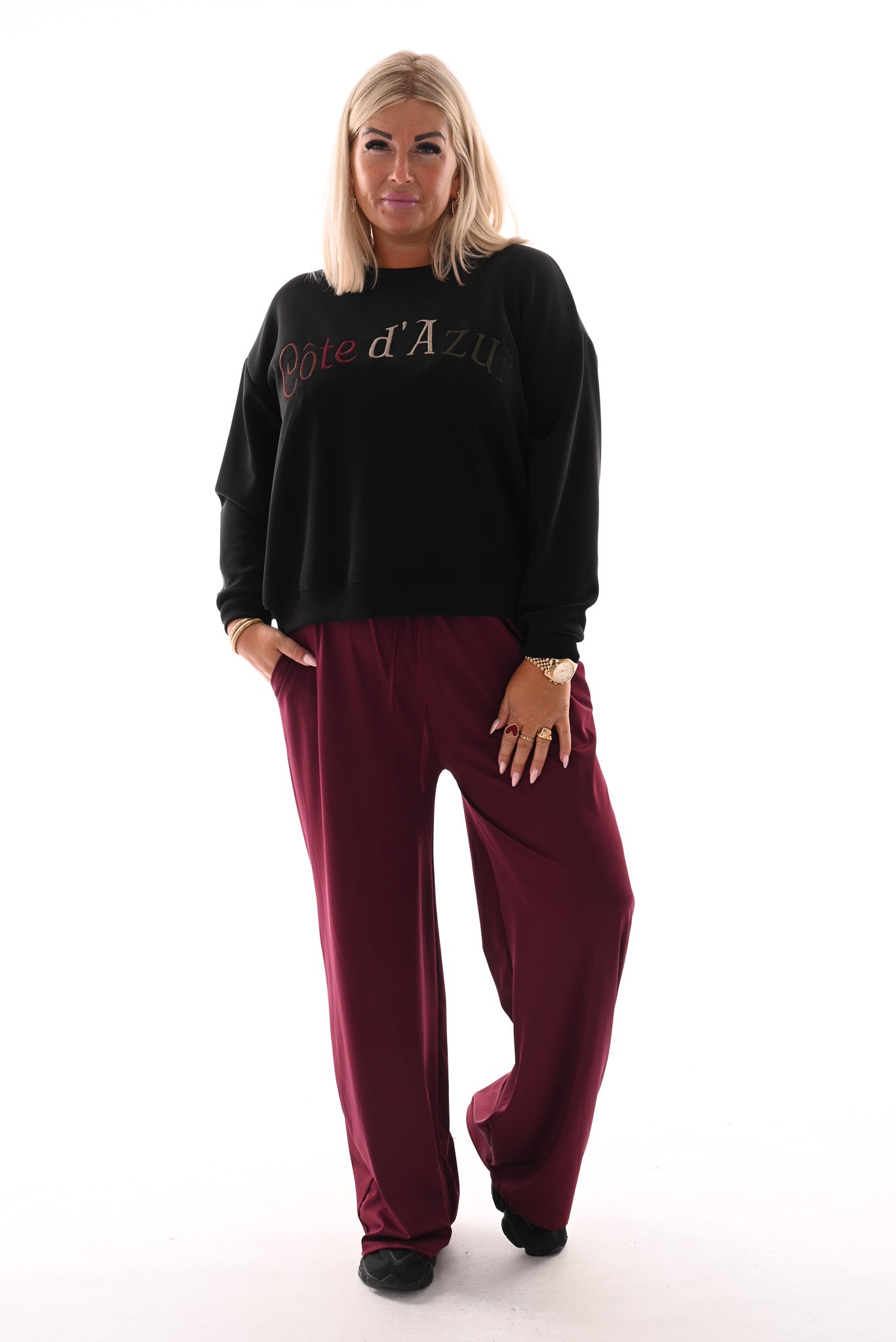Wijde travel broek met aantrekkoord bordeaux