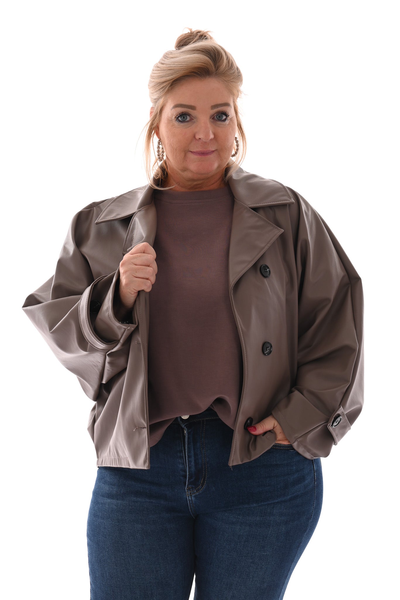 Sweater korte mouwen ronde hals taupe