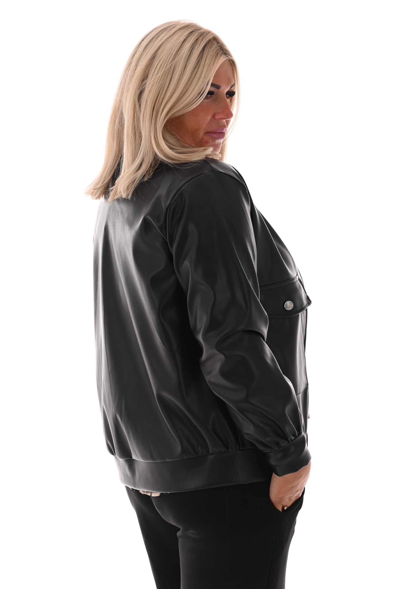 Leatherlook bomber jack met knopen zwart