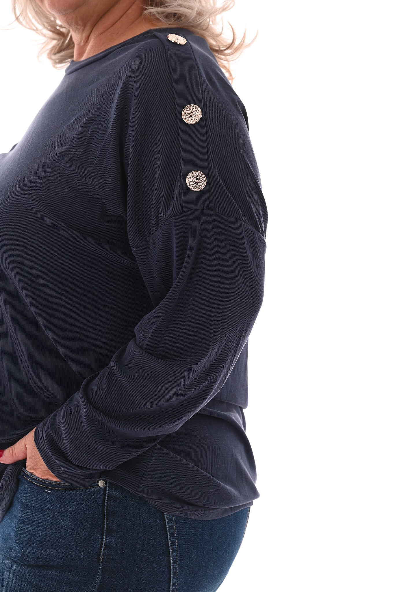 Top rib lange mouwen knopen op schouders marineblauw