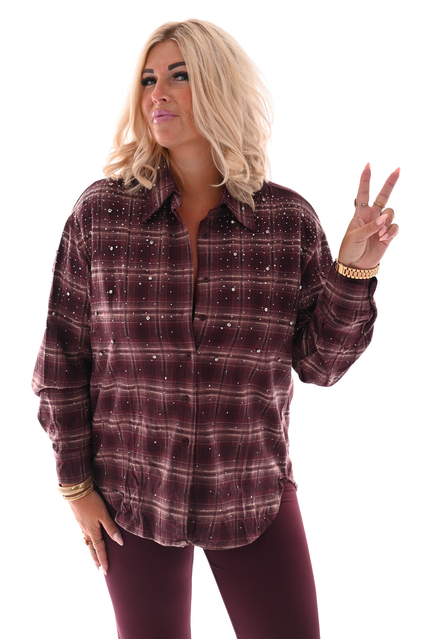 Houthakkers blouse strass en strass steentjes aubergine