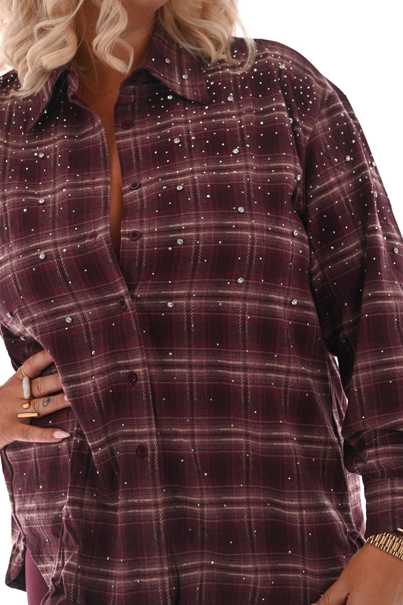 Houthakkers blouse strass en strass steentjes aubergine