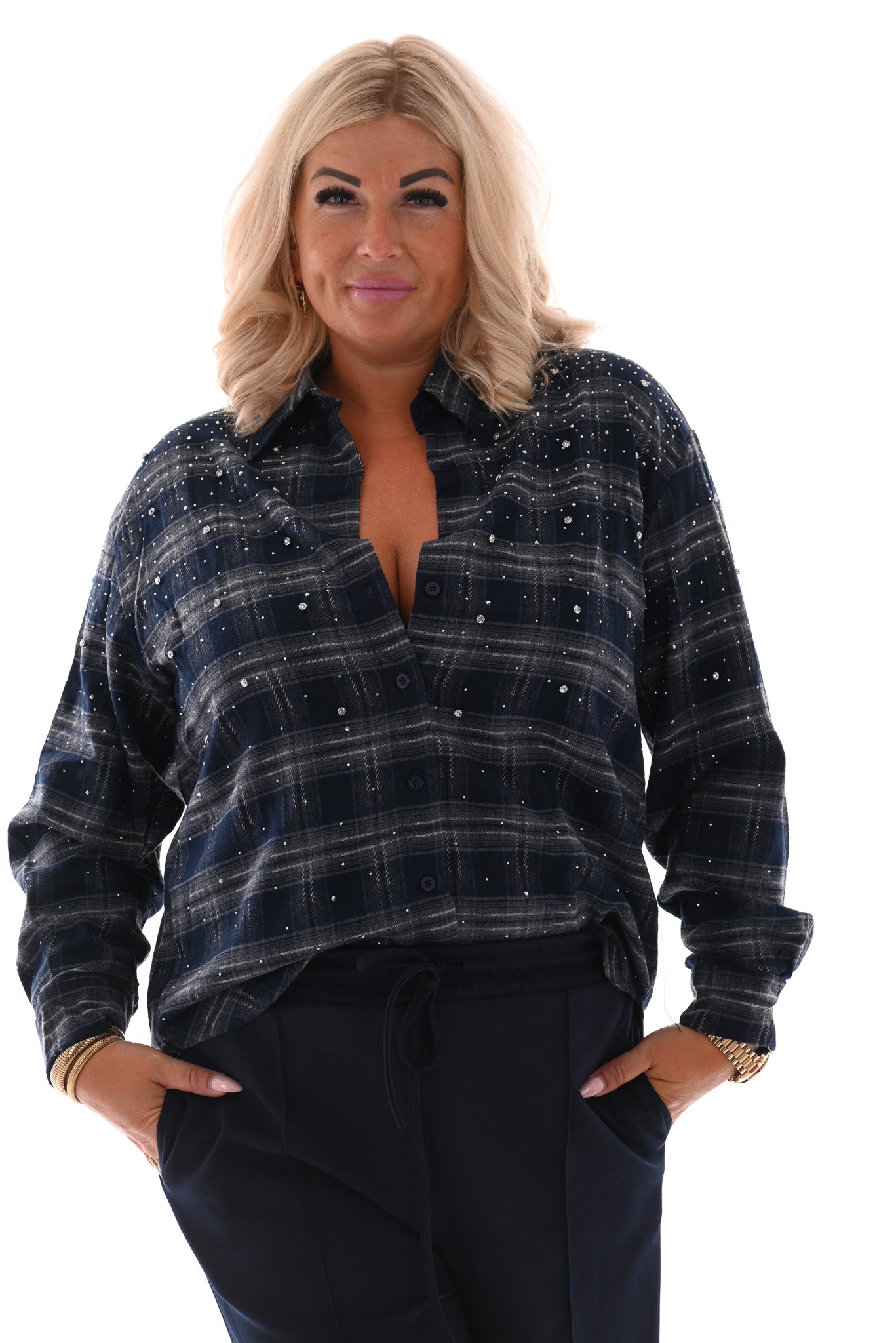 Houthakkers blouse strass en strass steentjes blauw