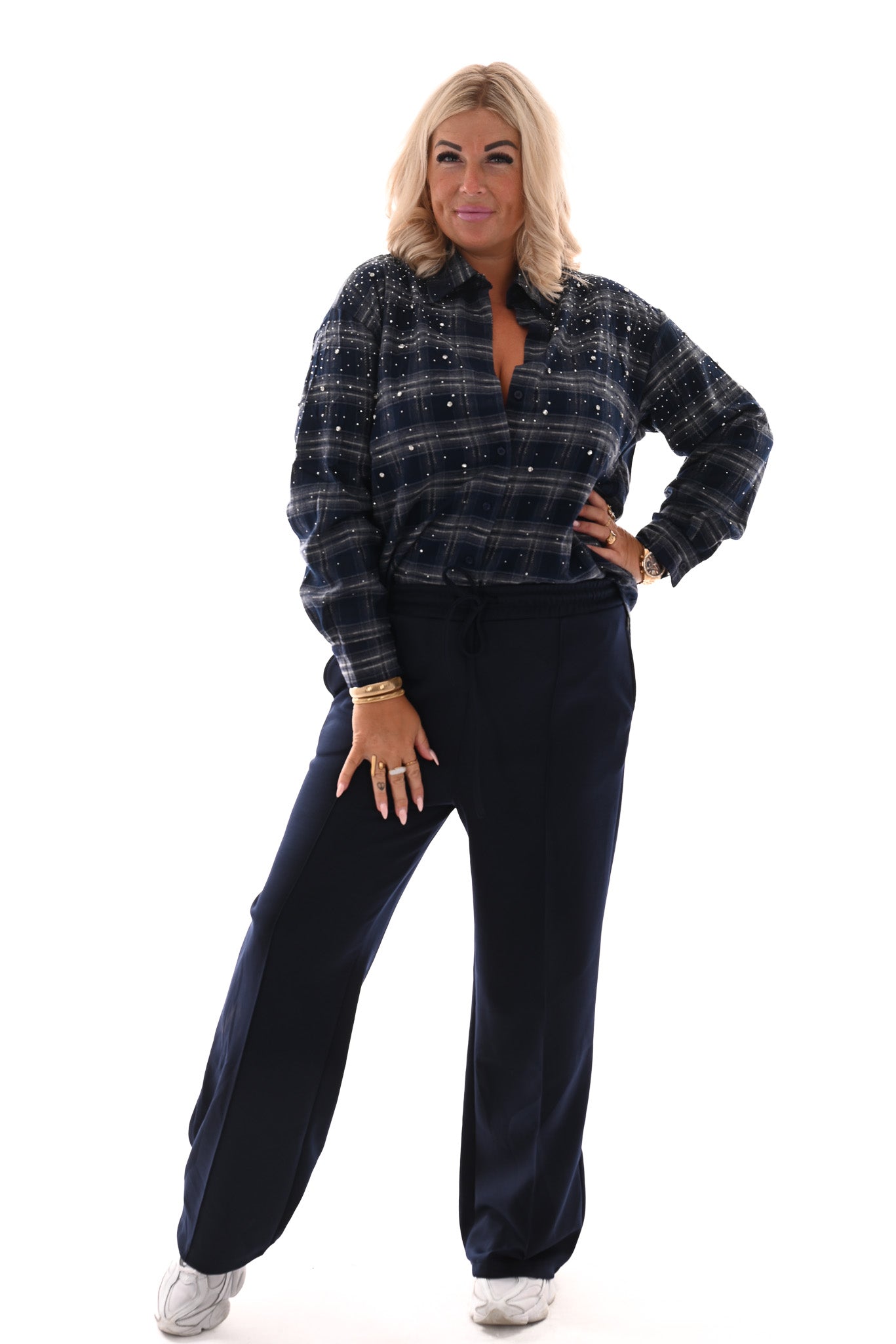 Wide leg joggingsbroek met naad marineblauw