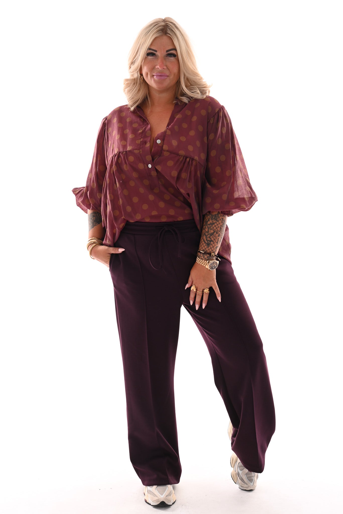 Blouse grote dots bordeaux/bruin