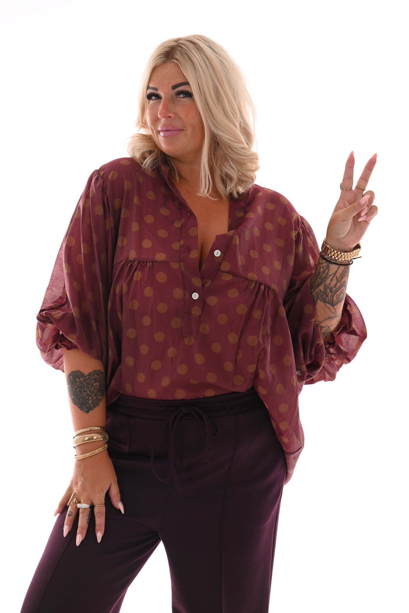 Blouse grote dots bordeaux/bruin