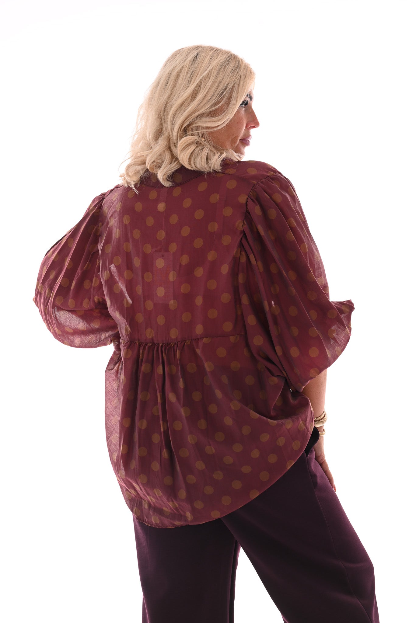 Blouse grote dots bordeaux/bruin