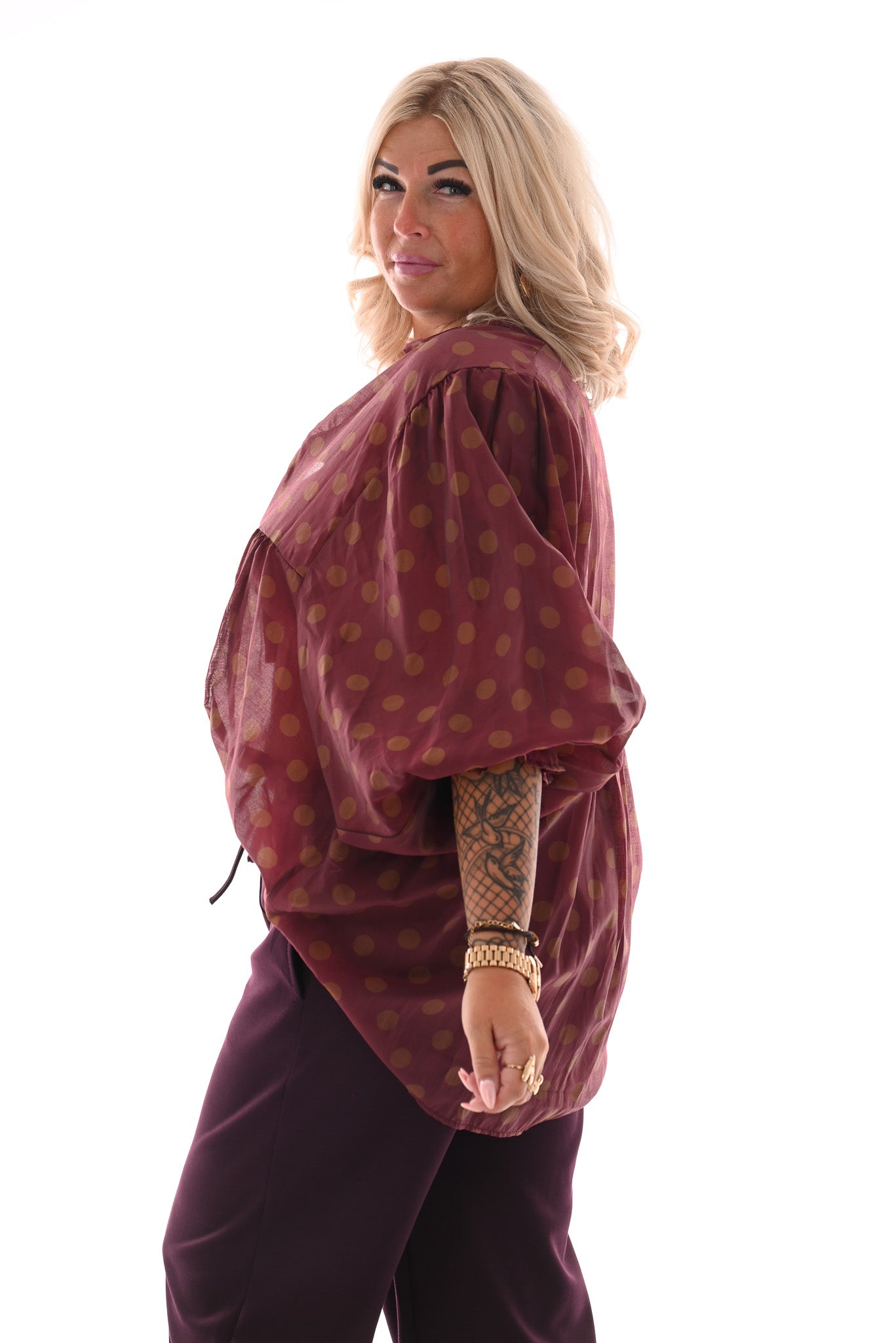 Blouse grote dots bordeaux/bruin