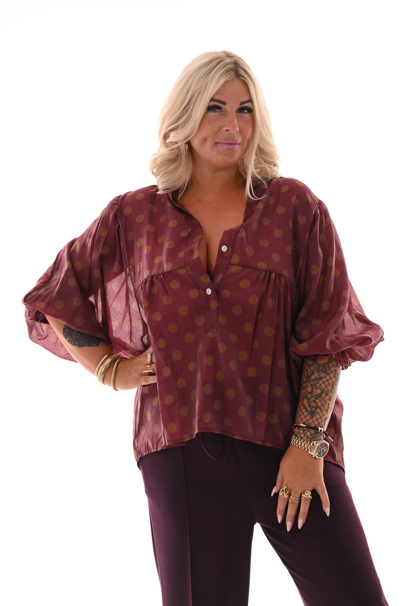 Blouse grote dots bordeaux/bruin