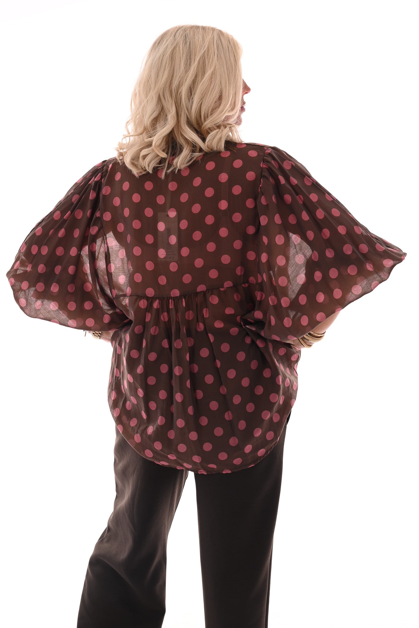 Blouse grote dots bruin/roze