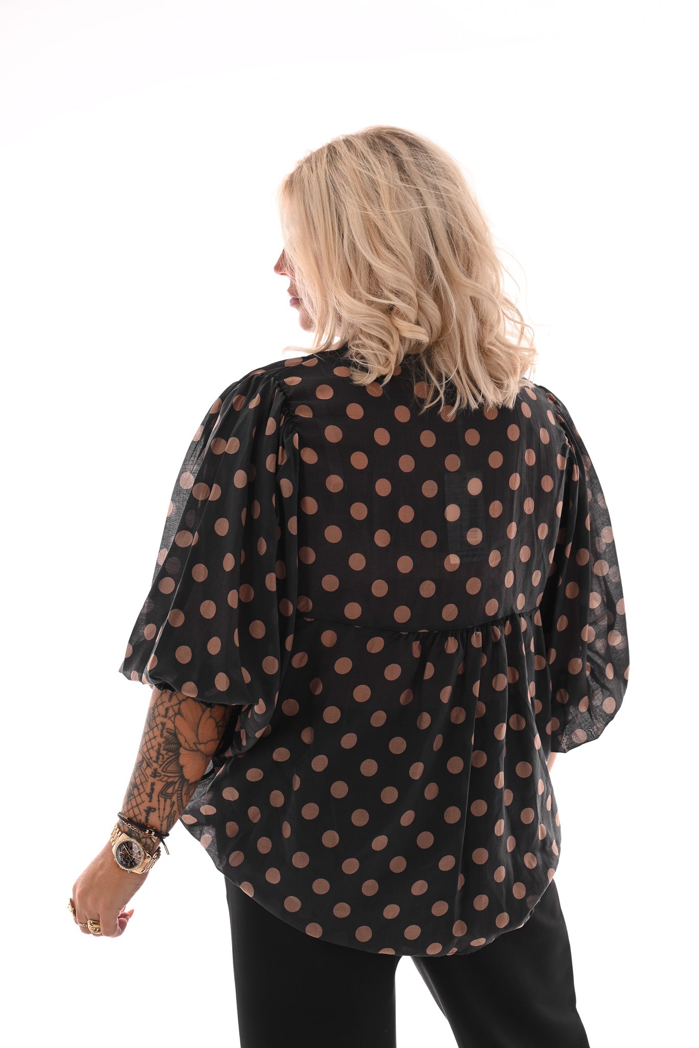 Blouse grote dots antraciet/roze