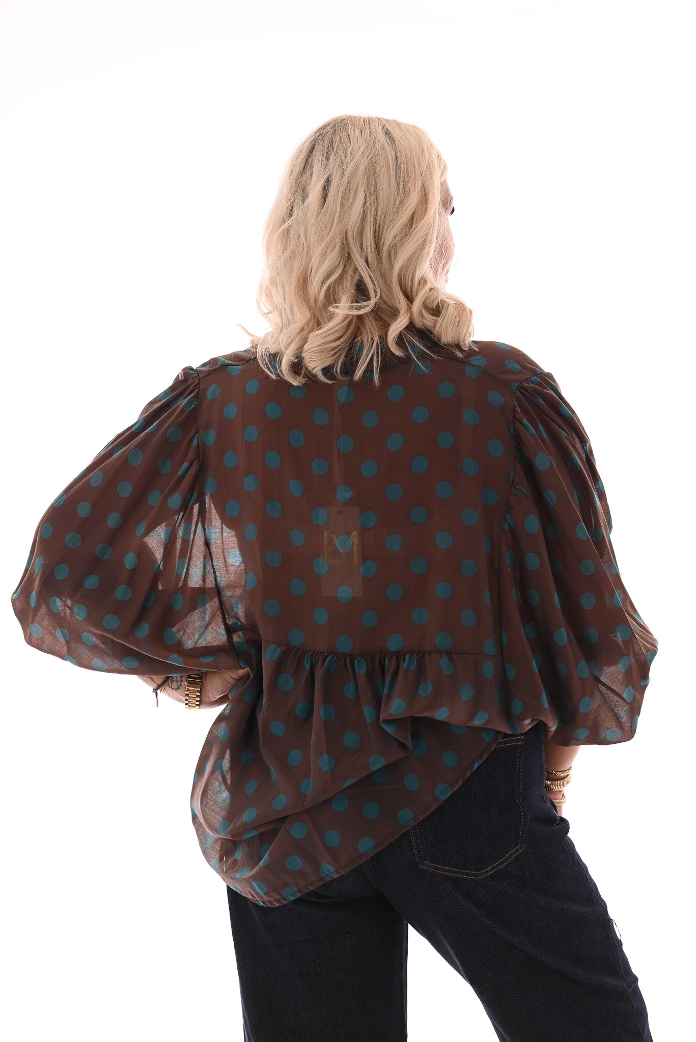 Blouse grote dots bruin/turquoise