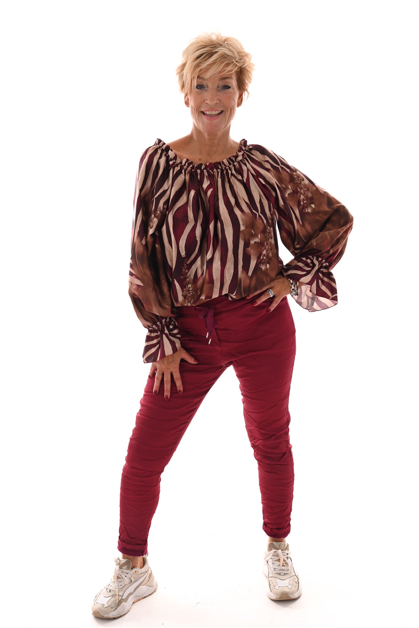 Off-shoulder top zebra en bloemen bordeaux
