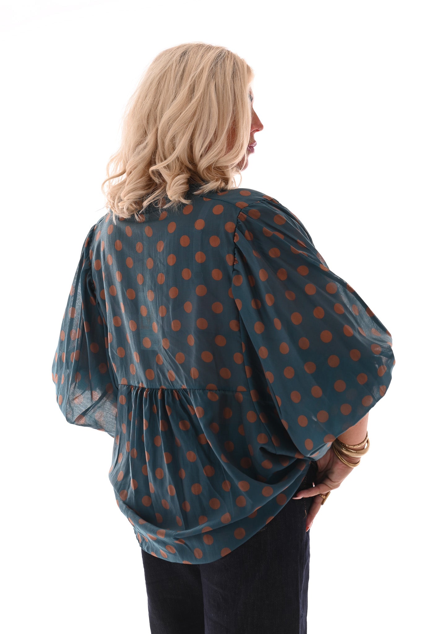 Blouse grote dots petrol/bruin