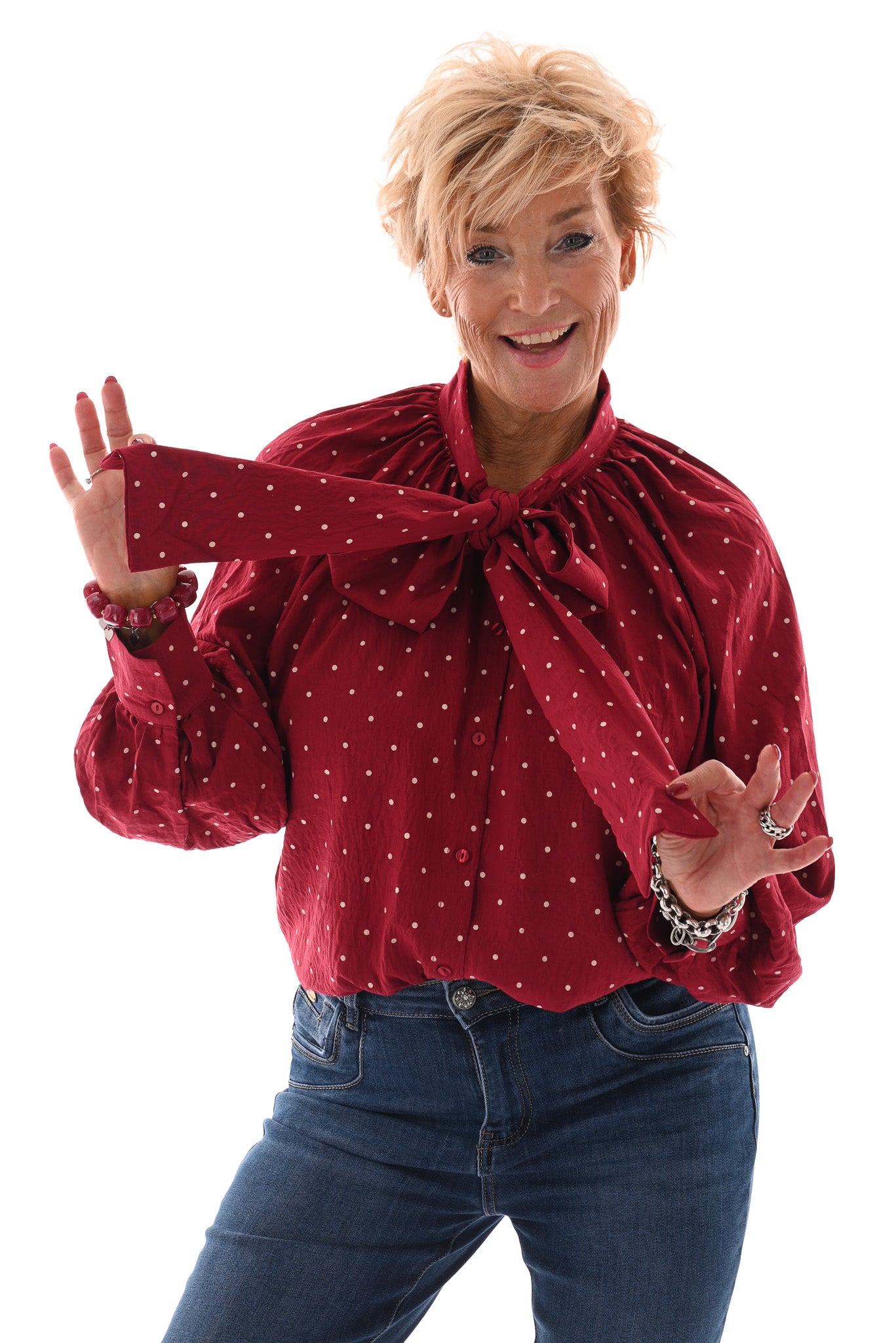 Blouse kleine dots met strik rood