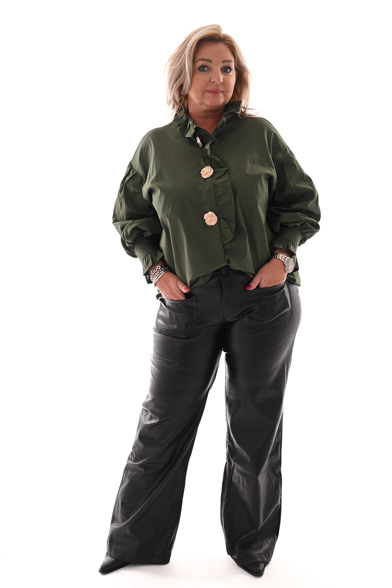 Blouse met roezelkraag legergroen