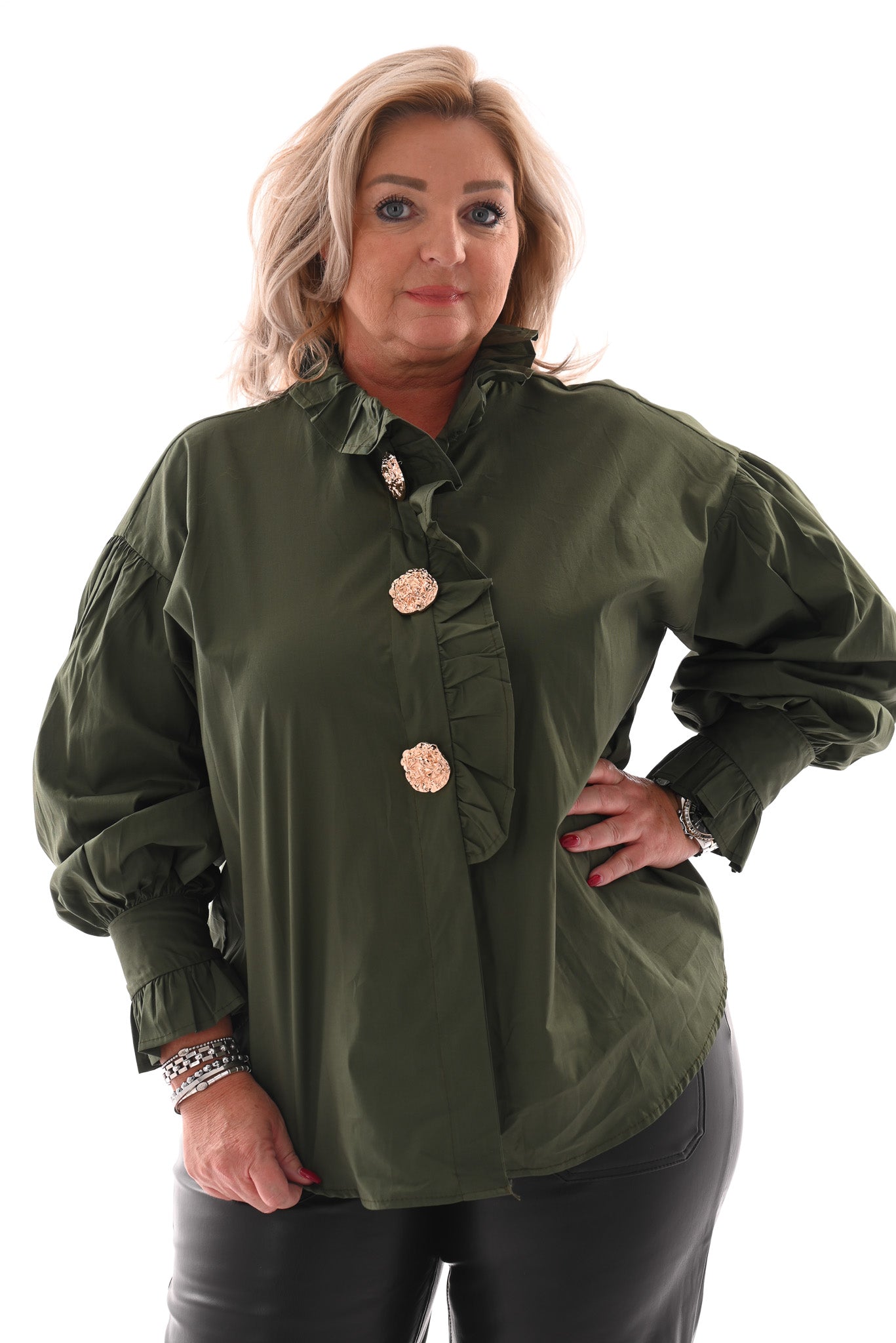 Blouse met roezelkraag legergroen