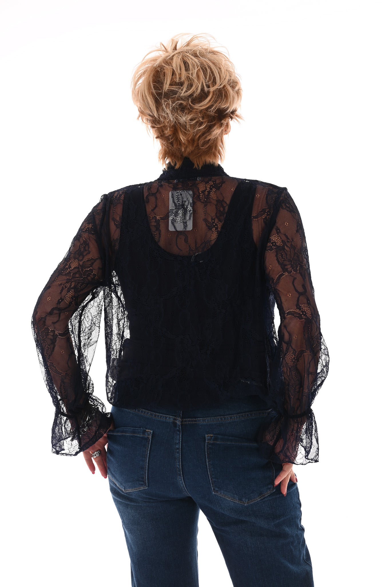Kanten top met strik marineblauw